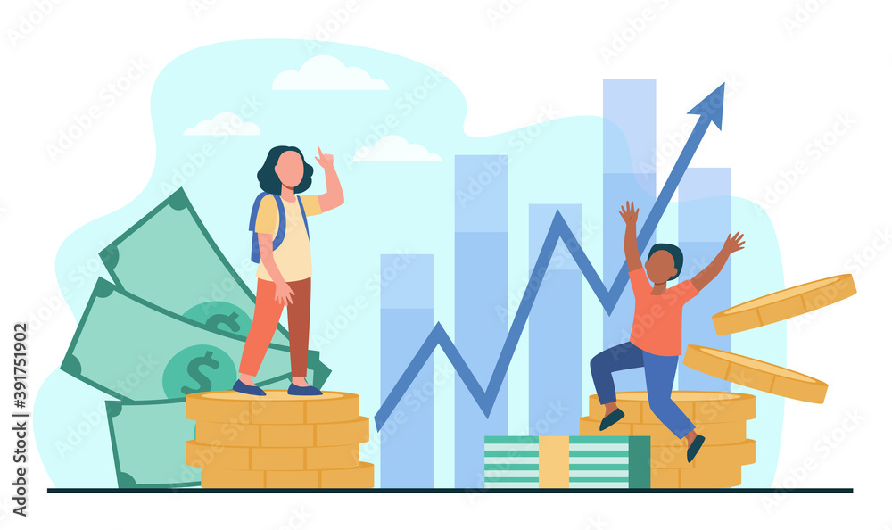 Happy children investing and earning money. Kid, growth, coin flat vector illustration. Investment and finance concept for banner, website design or landing web page Happy children investing and earning money. Kid, growth, coin flat vector illustration. Investment and finance concept for banner, website design or landing web page