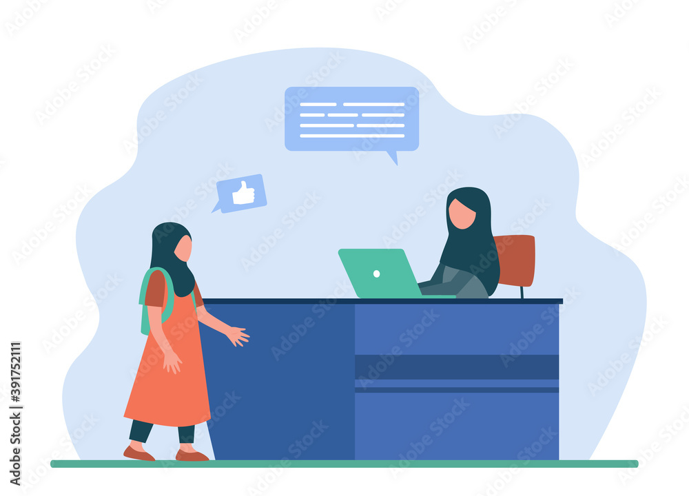 Muslim woman working on laptop and talking with girl. Mom, kid, computer flat vector illustration. Family and communication concept for banner, website design or landing web page