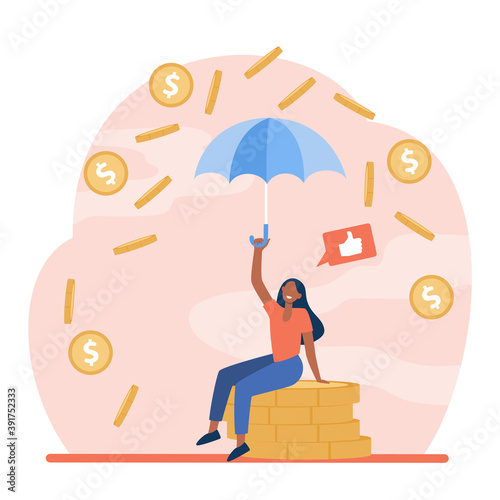 Happy woman sitting under money rain. Umbrella, coin, like flat vector illustration. Wealth and financial growth concept for banner, website design or landing web page