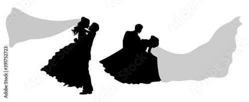Romantic wedding silhouettes of a couple on white.
