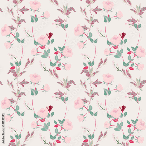Delicate pink twigs of wild roses with inflorescences, leaves and petals on a dark blue background. Floral seamless pattern.