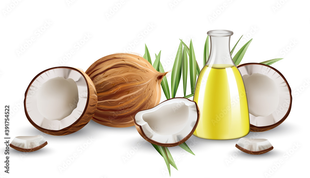 Whole and cracked open coconuts with monstera leaves and a carafe with oil. Realistic. 3D mockup product placement Whole and cracked open coconuts with monstera leaves and a carafe with oil. Realistic. 3D mockup product placement