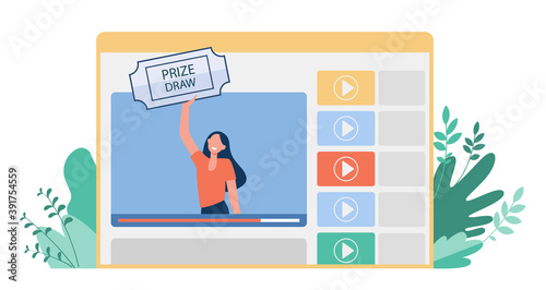 Blogger drawing prize for her followers. Video, communication, luck flat vector illustration. Lottery and social media concept for banner, website design or landing web page