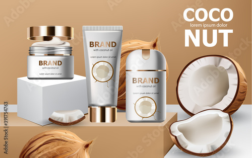 Deodorant and creams on podiums surrounded by whole and cracked open coconuts. Realistic. 3D mockup product placement. Place for text