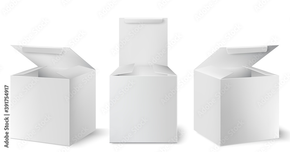 Set of three white boxes with opened lids positioned at different ...