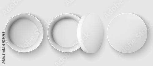 Set of three jars, once opened, one with lid on it and one closed. Realistic. 3D mockup product placement