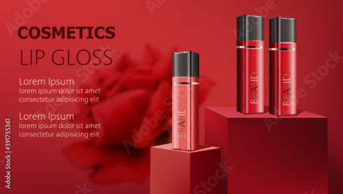 Three lip gloss containers on podiums. Realistic. 3D mockup product placement. Place for text