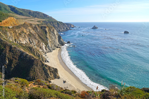 Nature Landscape of Blue West Coast of pacific ocean at Bixby Greek Bridge in Big Sur Monterey California United states USA - Travel Beautiful Road Trip Concept - Nature Background 