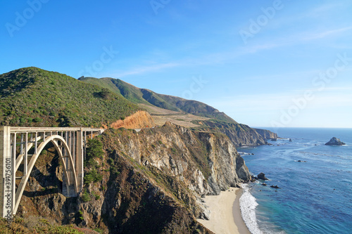 Landscape of Bixby Creek Bridge on beautiful West Coast and pacific ocean at Big Sur Monterey California United states USA - Travel Beautiful Road Trip Concept - Nature Background