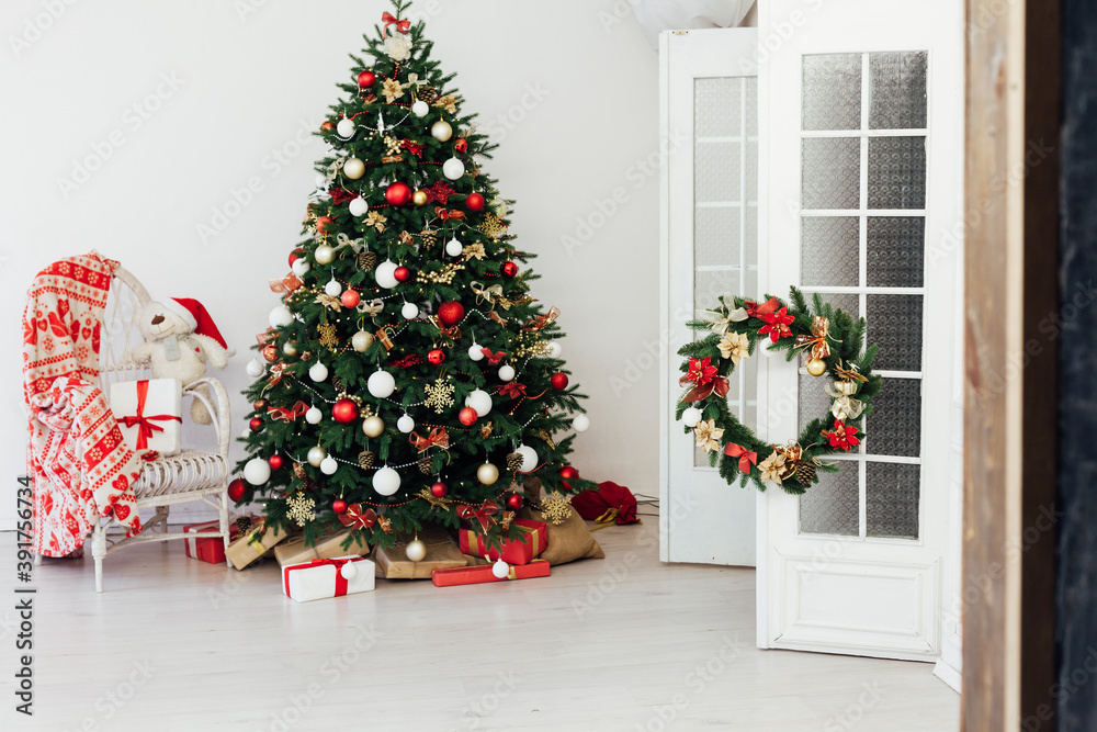 New Year's Eve Christmas tree interior with holiday decor gifts
