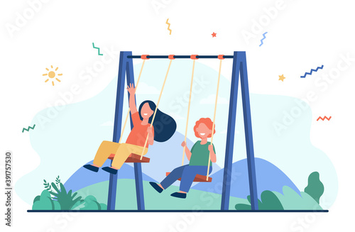 Happy kids swinging on swings. Little friends enjoying activities on playground. Vector illustration for childhood, leisure time outdoors, friendship concept