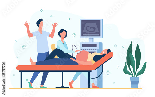 Sonographer doctor examining pregnant woman, scanning abdomen, using ultrasound scanner. Vector illustration for care pregnancy, gynecology, medical examination concept