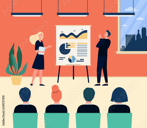 Happy company coaches and employees meeting in conference room. Speaker presenting diagram on flipchart, performing with lecture. Vector illustration for business training, presentation concept