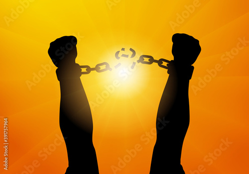 Silhouette of male hands breaking chain in handscuffs on background of sunlight, freedom. Vector illustration.
