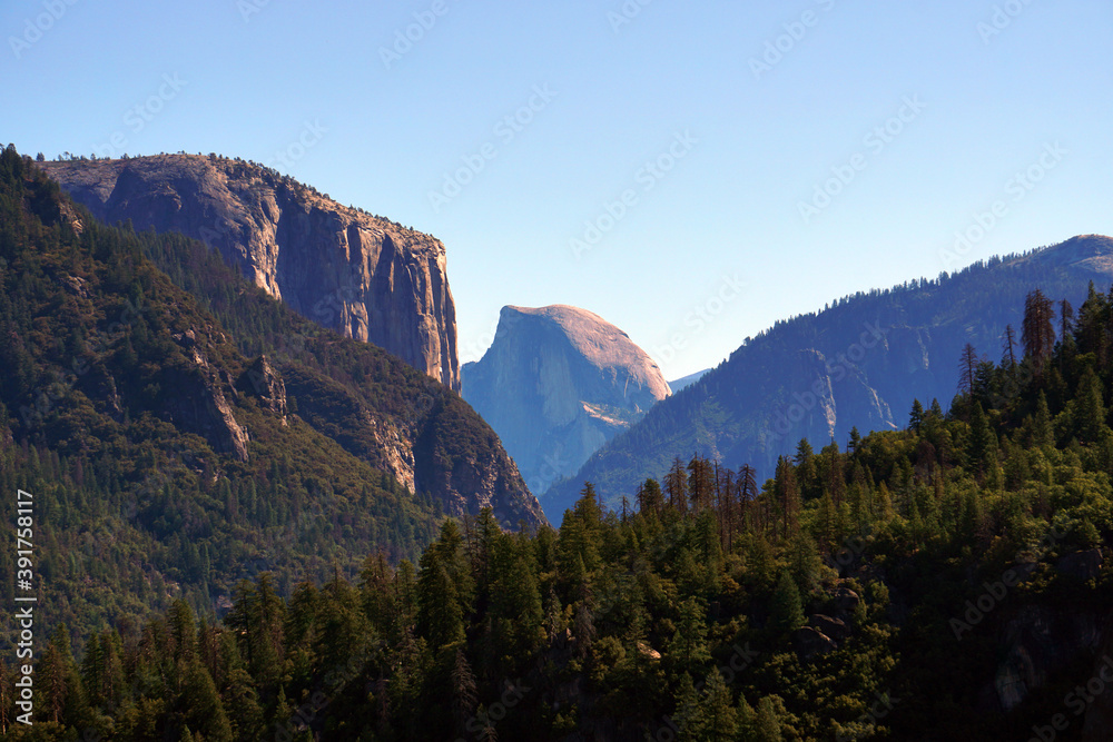 Landscape Closeup Nature view of Yosemite Tunnel View From this vista you can see El Capitan, Half Dome and Pine tree valley at Yosemite National Park Wawona Rd, California, USA - Travel outdoor