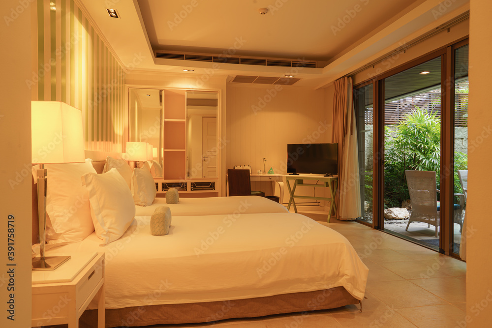 interior of twin double bedroom with fully furnished of resort and hotel