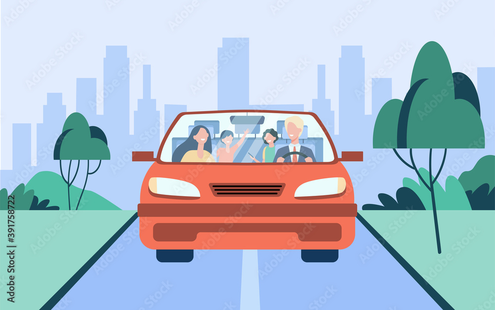 Happy family couple and two kids riding in car. Father driving automobile. Front view. Vector illustration for travel, road trip, transportation concept
