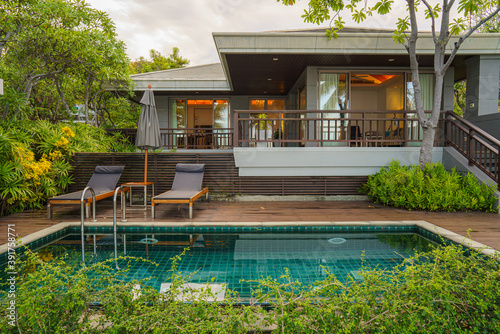 exterior of beach front bungalow for rent of seaside resort and hotel