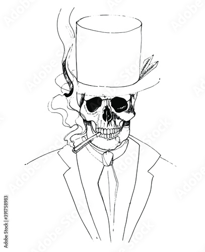 Skull smiles, smokes a cigarette, wearing a hat and tie. Baron Samedi. Gentlemen. Ink drawing. Detailed hand made illustration. Vector image. 
