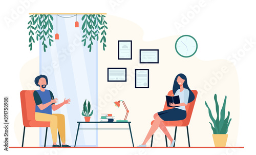 Man talking to therapist in her office. Patient sitting in armchair and speaking while positive doctor taking notes. Vector illustration for psychological counseling, psychotherapy concept
