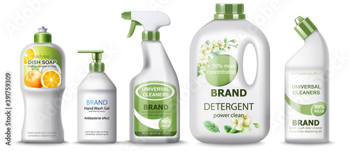 Set of dish soap, hand wash gel, universal cleaner and detergent. Place for text. Realistic 3D mockup product placement