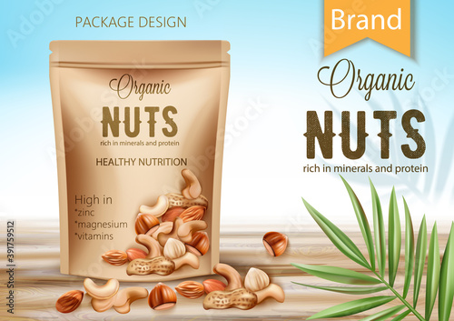 Package with organic product surrounded by palm leaf and nuts. Rich in minerals and protein. Healthy nutrition, high in zinc, magnesium and vitamins. Realistic 3D mockup product placement