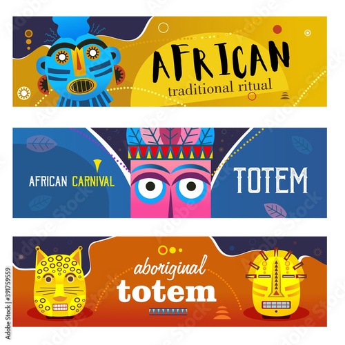 African ritual banners set. Ethnic tribal masks, traditional totem vector illustrations with text. Templates for carnival flyers or ethnic party invitation cards