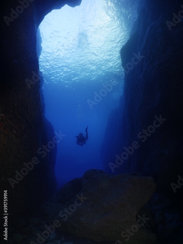 scuba divers enjoying the topography and fauna underwater ocean scenery 