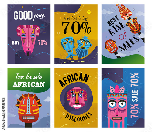 Sale flyers set. African ethnic tribal masks, traditional totem vector illustrations with discount text. Creative design for retail posters and promotional banners