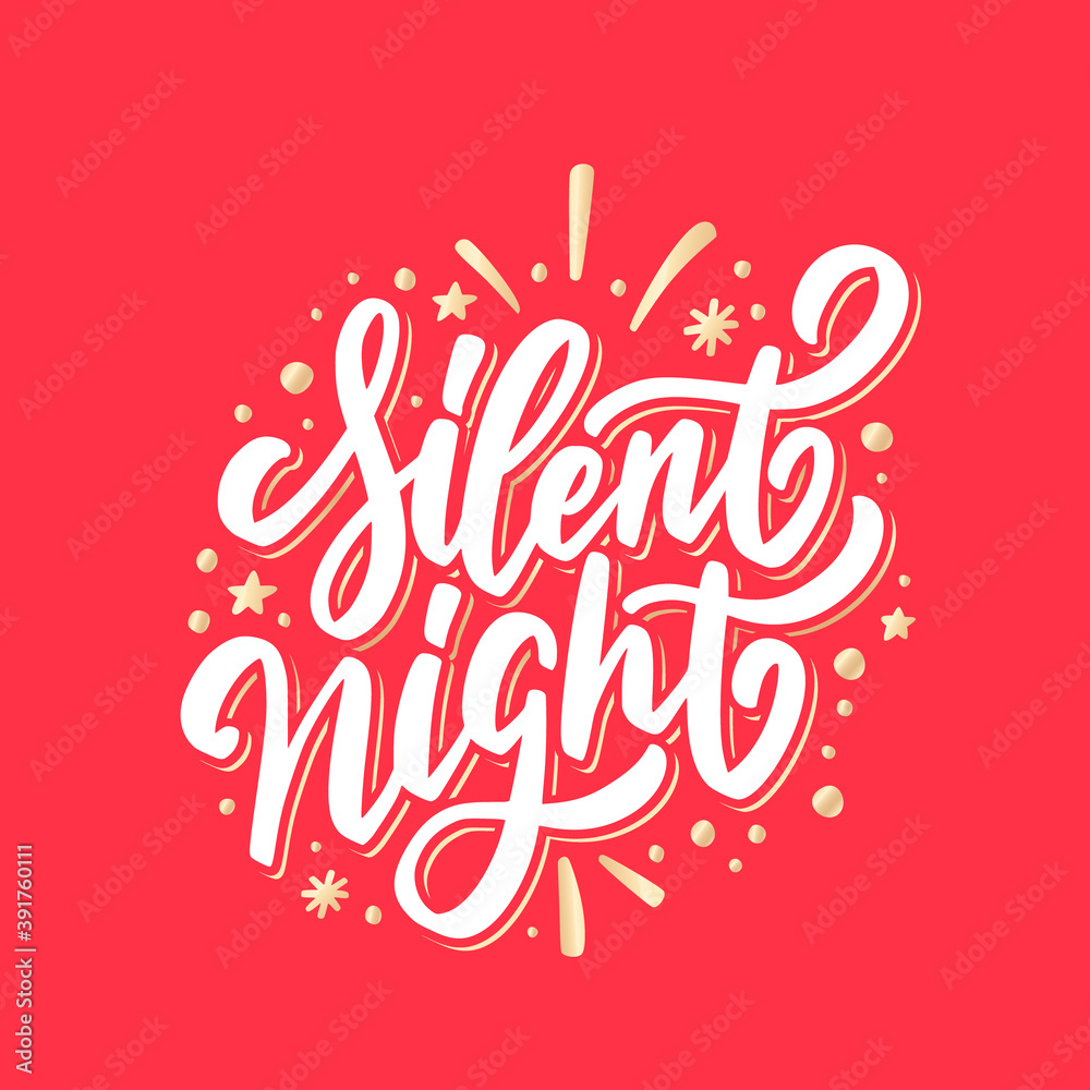 Silent Night. Merry Christmas vector lettering greeting card.