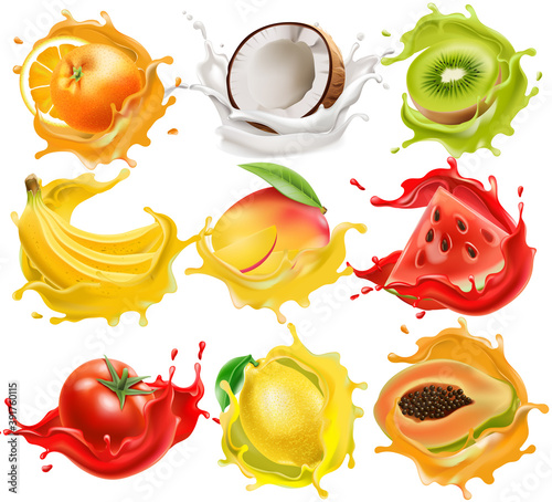 Set of tropical fruits and vegetables splashing in juice, orange, coconut, kiwi, banana, mango, watermelon, tomato, lemon, and papaya. Realistic 3D mockup product placement