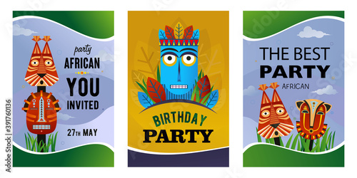 African party invitation cards set. Ethnic tribal masks, traditional totem vector illustrations with text. Creative design for announcement posters and festive flyers