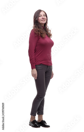 side view. cute young woman in casual clothes