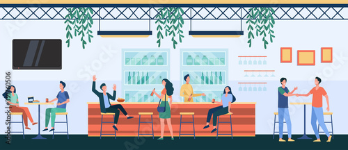 People meeting in cafe, drinking beer in pub, sitting at table or counter and talking. Vector illustration for night life, party, bar concept