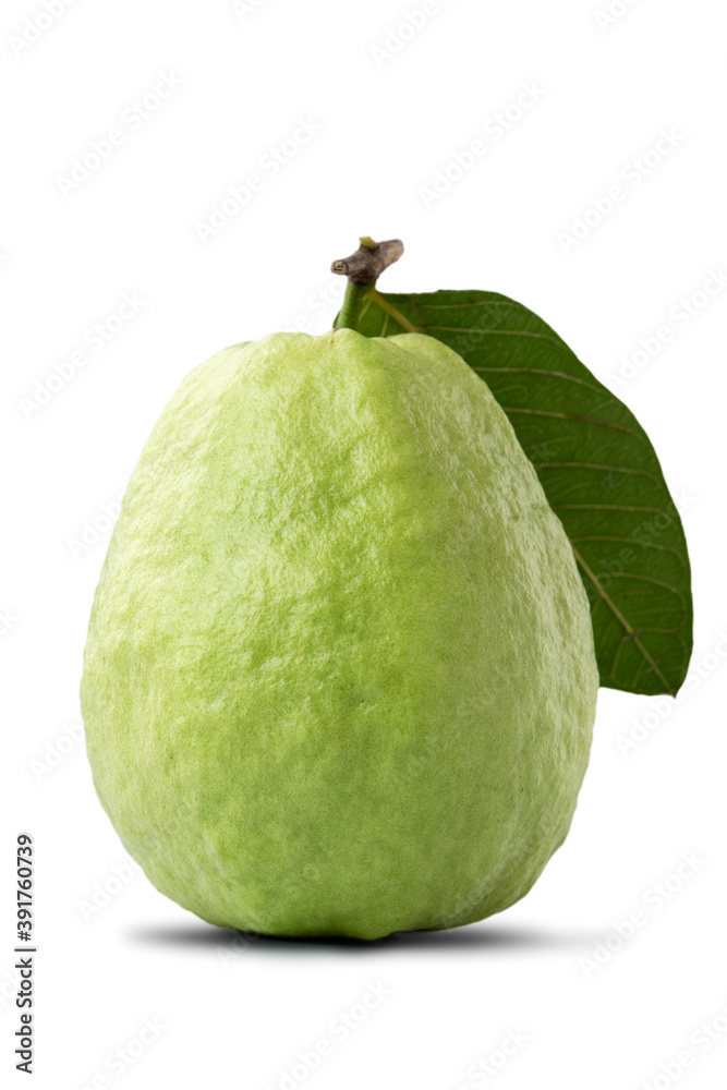 Beautiful guava fruit with fresh leaves isolated on white background.