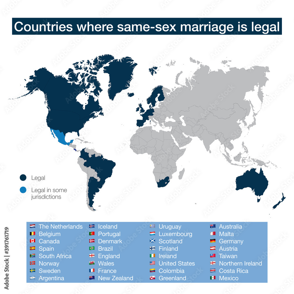 World map with the countries where same sex marriage is legal