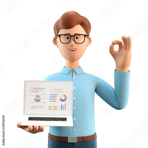 Wallpaper Mural 3D illustration of smiling man with ok gesture showing business charts at screen laptop computer. Cartoon businessman with okay sign, working in office and analysing infographic. Torontodigital.ca