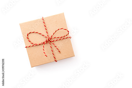 Paper gift box with ribbon isolated on white, lay out, space for text