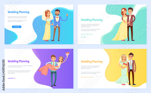 Wedding planning webpage  information site help newlyweds in organizing a wedding event landing page template. Bride and groom wearing party wear for celebration of special day. Lady holding bouquet