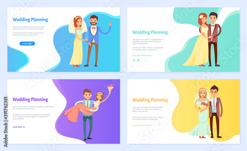Wedding planning webpage, information site help newlyweds in organizing a wedding event landing page template. Bride and groom wearing party wear for celebration of special day. Lady holding bouquet