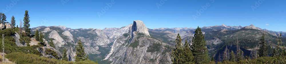 Panorama Nature Landscape view of Half Dome Yosemite rock - is beautiful white grey rock seen from Glacier Point at Yosemite National Park Wawona Rd, California, USA                            