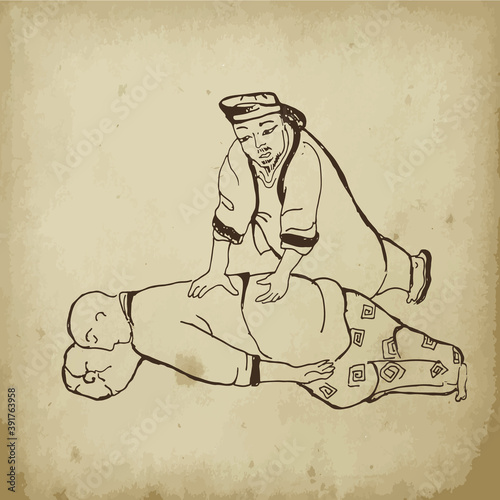 Chinese medical massage, ancient medicine vector illustration on old paper. Massage. Alternative medicine. Chinese pharmacy.