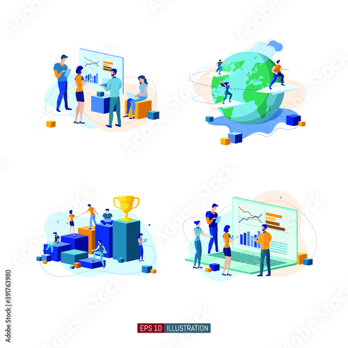 Trendy flat illustration set. Teamwork metaphor concept. Office workers planing business mechanism, analyze business strategy and exchange ideas. Template for your design works. Vector graphics.