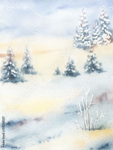 Watercolor vector Christmas winter landscape with fir trees.