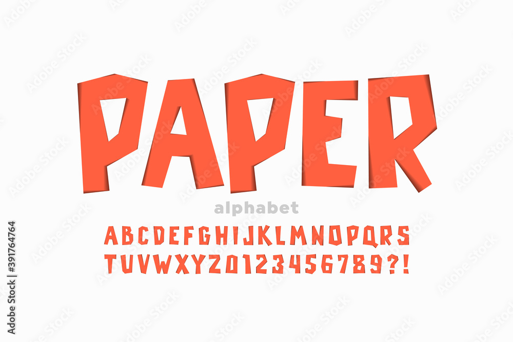 Paper cut out font, alphabet letters and numbers vector illustration