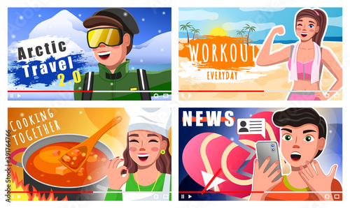 Set of bloggers images. People shoot master classes for subscribers. The guy makes blog about winter travel. The girl is engaged in workout. Woman cook makes dishes. News blog. Blogging, streaming