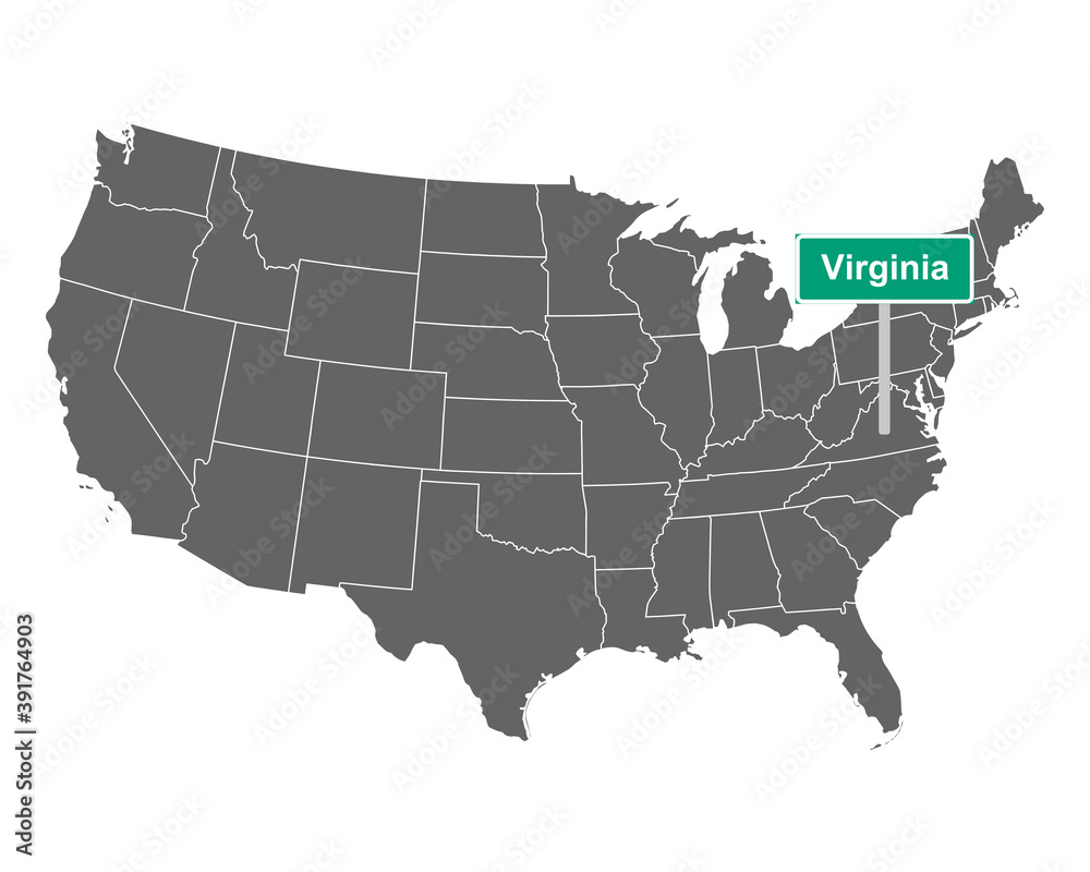 Virginia Ortsschild und Karte der USA