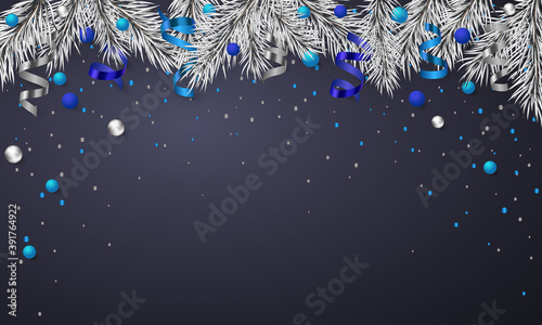 Happy New Year poster with confetti, balls and serpentine, ribbon, branches of christmas tree and space for text. Vector illustration on knitted background. Christmas design, decor, elements.