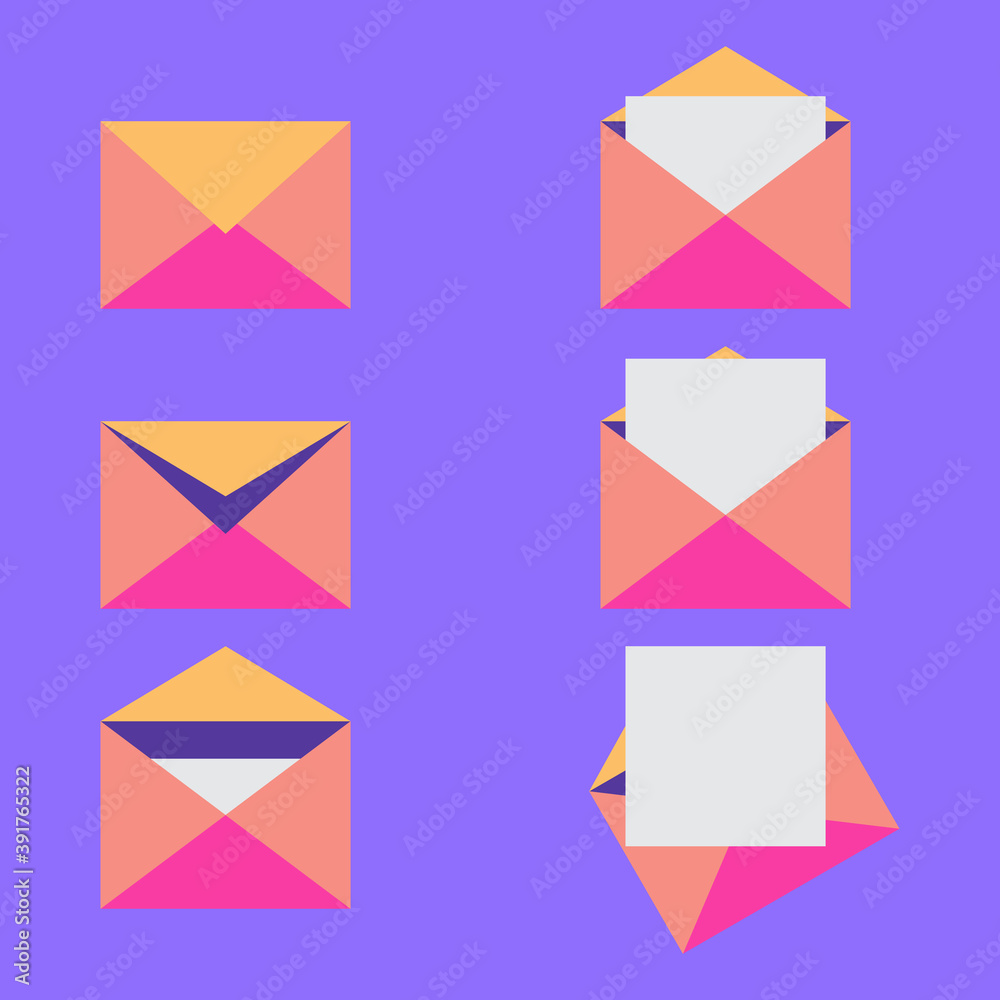 Mail envelopes set. Blank layouts. Various envelopes. Sealed, half-open and four open envelopes with white paper sheet. Flat style. Communication, correspondence or office documents delivery topic. Mail envelopes set. Blank layouts. Various envelopes. Sealed, half-open and four open envelopes with white paper sheet. Flat style. Communication, correspondence or office documents delivery topic.