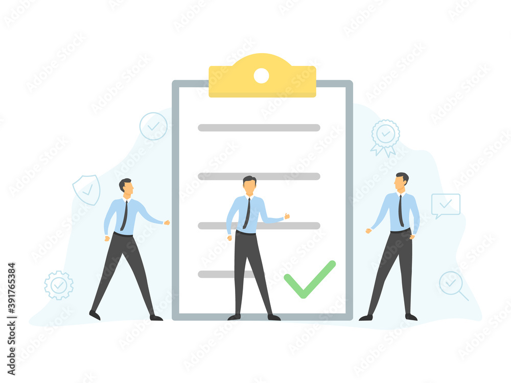 Small people showing and discussing data. Page with check mark. Success well done work. Teamwork concept. Vector illustration isolated on white. Small people showing and discussing data. Page with check mark. Success well done work. Teamwork concept. Vector illustration isolated on white.